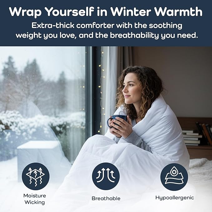 Olive + Crate 100% Viscose derived from Bamboo Winter Comforter - Extra Thicker and Heavier Queen Size - Cooling Blanket, Hypoallergenic & Moisture Wicking Bedding - White Comforter (88" x 90")