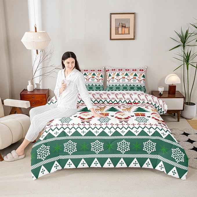 Feelyou Merry Christmas Kids Comforter Set Twin Size Santa Claus Bedding Set Cute Deer Duvet Quilt for Kids Boys Girls Bedroom Snowflake Decor Microfiber Ultra Soft Breathable