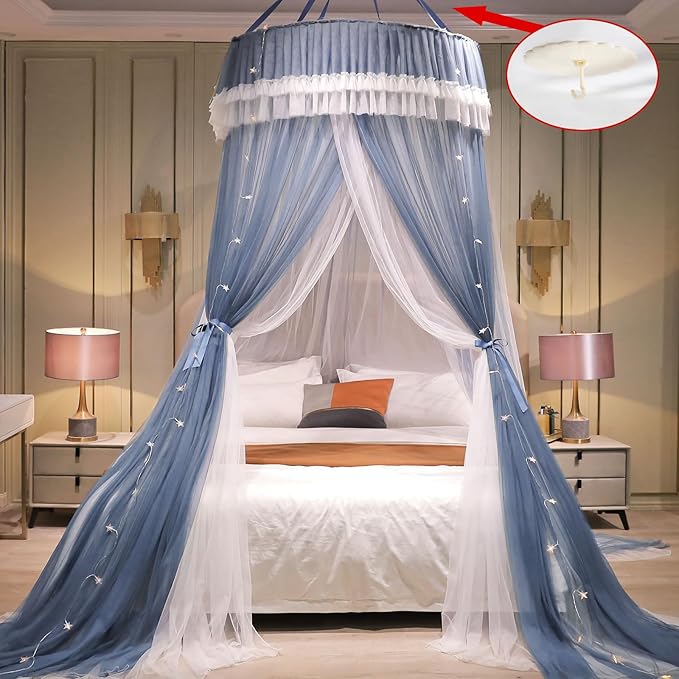 AIKASY Girls and Adults Canopy Bed, Elegant Double-Layer Bed Curtain, Children's Dream Round Lace Mosquito Net, Princess Canopy Net - Fits Twin, Full, Queen, and King Beds (White/Blue)