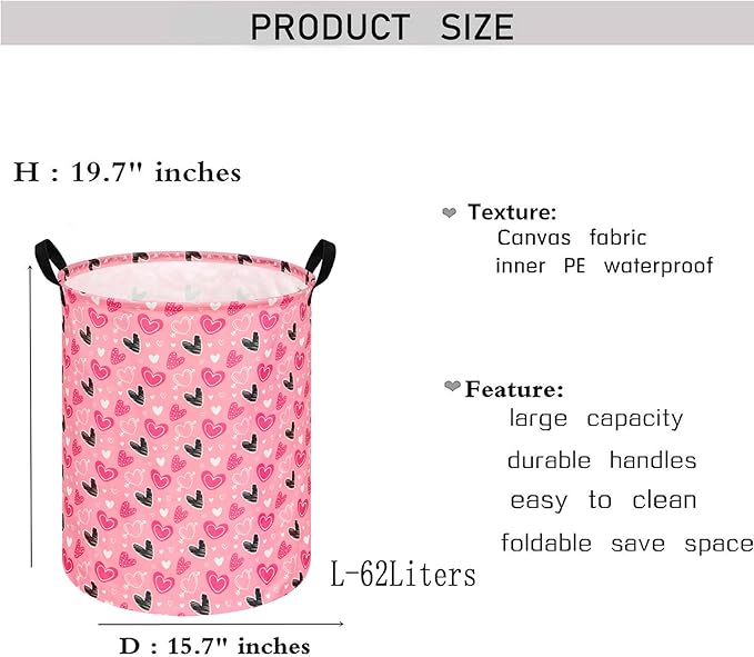 KUNRO Heart Valentine's Laundry Gift Basket Storage Hamper, Kids Toys and Clothes Storage Organizer Bins, Toy Shelf Basket with Handles for Room Decor