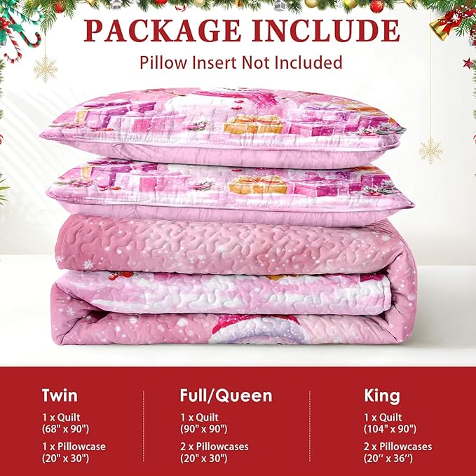 Christmas King Size Quilt Set, Pink Funny Snowman Lightweight Bedspread Coverlet with Pillow Shams for Kids and Adults, Surprise Gift 3 Pcs Bedding Bed Cover
