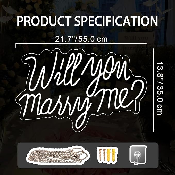 Will You Marry Me Sign for Wall Decor Led Neon Lights for Teen Bedroom Decor Art Light Up Letters Will You Marry Me Neon Signs for All Wedding Party Proposal Decorations USB 21.7x13.8 Inch(white)