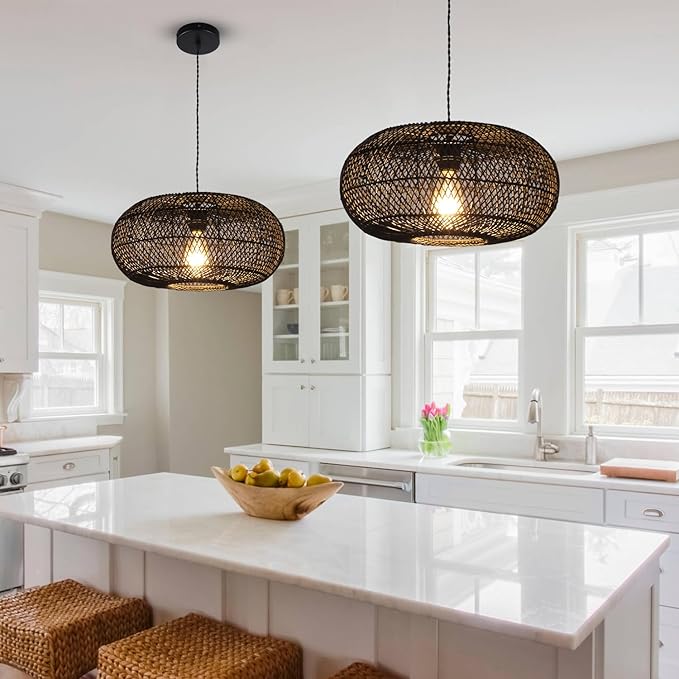 Rattan Pendant Light 15.75" 1-Light Hand-Woven Bamboo Rattan Hanging Lamp Large Globe Wicker Chandelier Modern Bohemian Adjustable Pendant Lamp for Kitchen Island Farmhouse Outdoor Porch Black.…