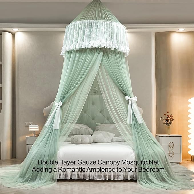 AIKASY Princess Bed Canopy for Girls – Double Layer Sheer Mesh Dome with Romantic Lace Trim, Dreamy Mosquito Net Tent for Twin/Full/Queen/King Beds(Mint Green)