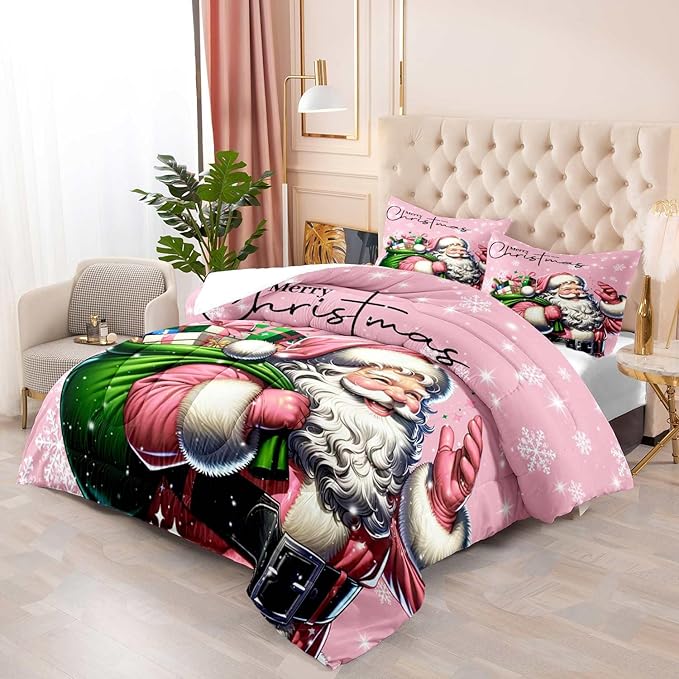 LUVIVIHOME 3PCS Merry Christmas Comforter Set Full Size, Funny Santa Claus Bedding, Kids Teens Girls Bedding, Winter Snowflake New Year Christmas Bedroom Decor, Pink Quilt, Xmas Gifts, 2 Pillow Shams