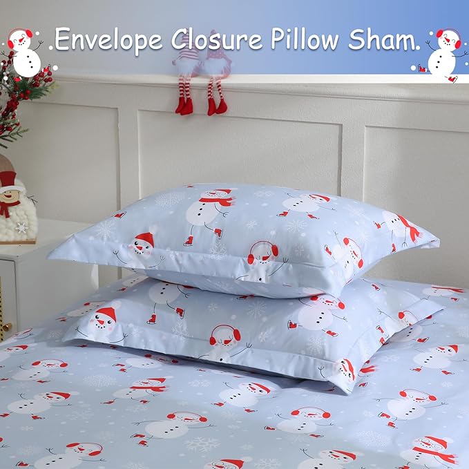 JSD Snowman Kids Duvet Cover Set Queen Size, 3 Piece Blue Printed Christmas Microfiber Comforter Cover with Pillow Shams Zipper Closure, Comforter Not Included