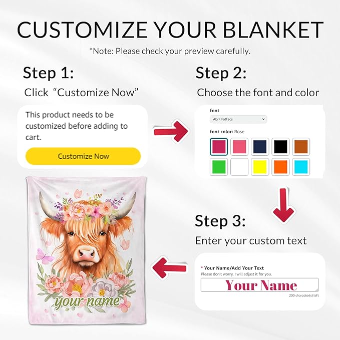 Personalized Highland Cow Gifts for Kids - 30" x 40" Inches Cute Highland Cow Throw Blanket for Girls Boys - Pink Warm Cozy Blankets for Sofa, Lap & Office