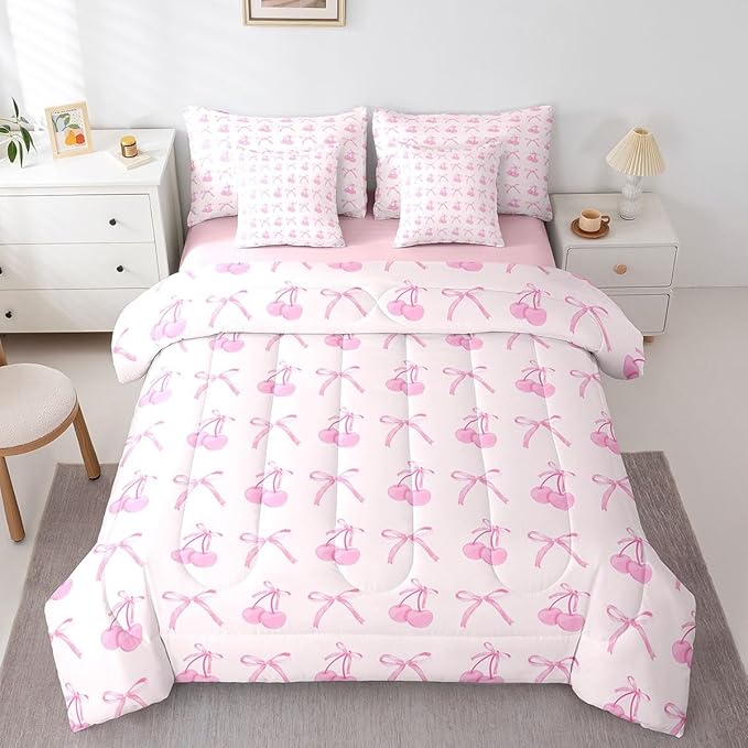 Manfei 7 Pieces Cartoon Bowknot Kids Comforter Set King,Pink Bow Tie Butterfly Knot Princess Bedding Set,Cherry Bow Patchwork Romantic（Comforter+Fitted+Flat Sheet+2 Pillowcases+2 Throw Pillow Covers）