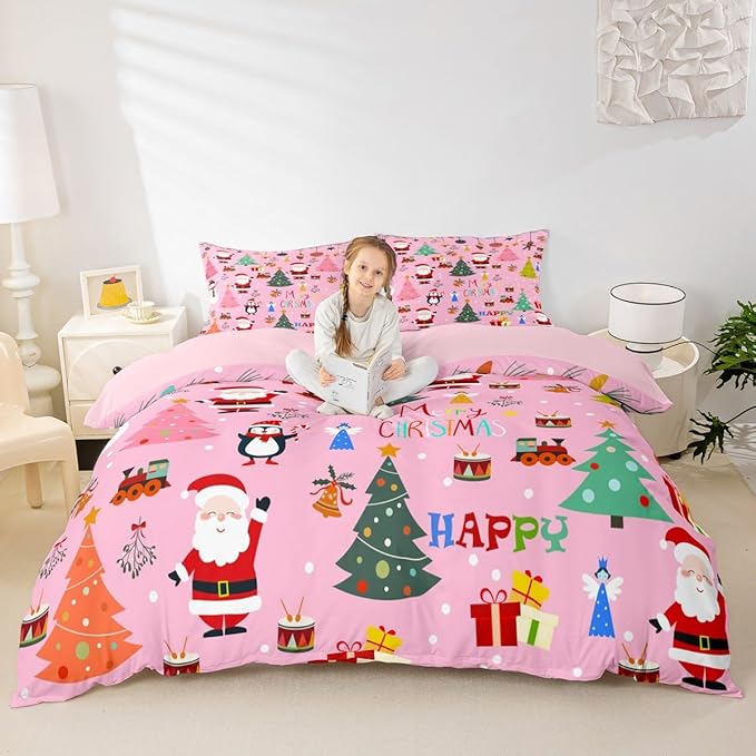 Christmas Bedding Duvet Cover Set Kids Santa Claus Xmas Theme Bedding Set Boys Girls Decor Christmas Tree Comforter Cover Set Microfiber Pink New Year Bedspread Cover Bedroom Bedclothes Toddler Size