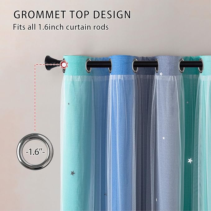 XiDi Girls Curtains for Bedroom 96 Inches Long 2 Panels Blue Green Grey Ombre Rainbow Blackout Grommet Curtains for Little Girl Kids Room Decor Living Room, Princess Unicorn Wall Decals Drapes 52x96
