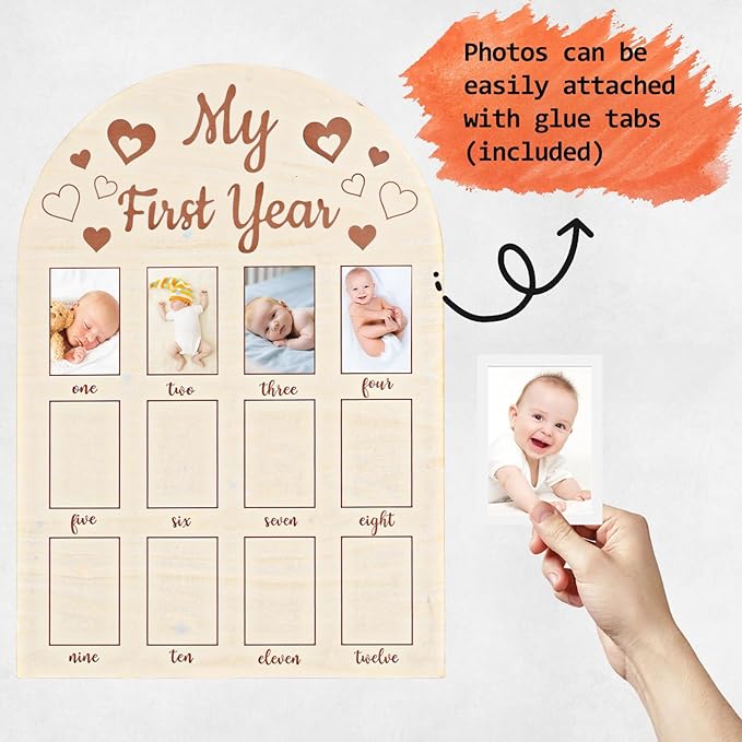 Photo Frame My First Year Photo Display Board, 17x12 INCH - Fits 2 x 3 Inch Photo, Baby's One Year Picture Frame 12 Months Milestone Board Nursery Decor Gift for Boy Girl（Heart