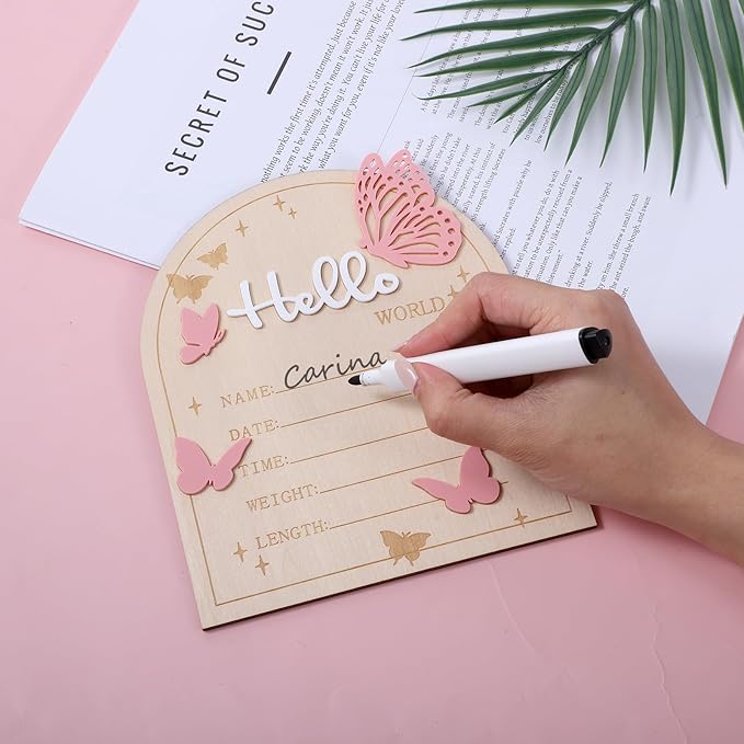 Hello World Newborn Sign, 5.83 × 6.97 Inch Pink Butterfly Baby Announcement Sign Wooden Birth Welcome Board for Newborn Boys Girls Photo Props Baby Shower Hospital Nursery