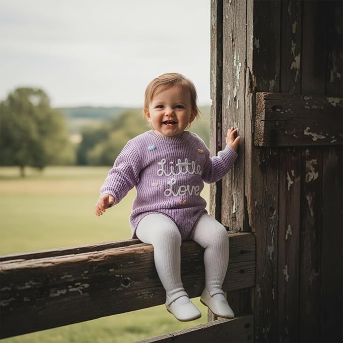 Lesimsam Newborn Baby Boy Girl Valentines Day Outfit Oversized Embroidery Long Sleeve Knit Sweater Bubble Romper Bodysuit