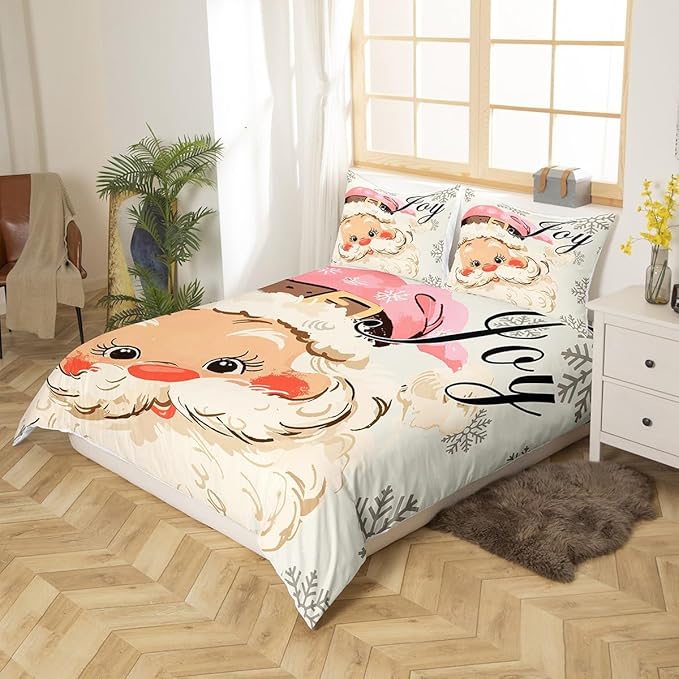 jejeloiu Pink Christmas Bedding Set for Kids Boys Girls Santa Claus Comforter Cover Set Full Size New Year Decor Duvet Cover Bedroom Decor Xmas Bedspread Cover Bedding Collection 3Pcs