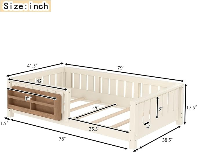 Bellemave Twin Size Floor Bed with high Rails and with Built-in Bookshelf for Kids, Girls, Boys, Wood Montessori Floor Bed Without Door, Beige