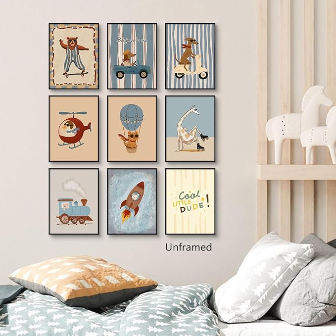 9 Pieces Nursery Animals Canvas Wall Art, Kids Room Cute Bear Dog Cat Giraffe and Bunny Picture, Skateboard Cars Rocket and Hot Air Balloon Poster for Boys Bedroom Playroom 8x12in Unframed
