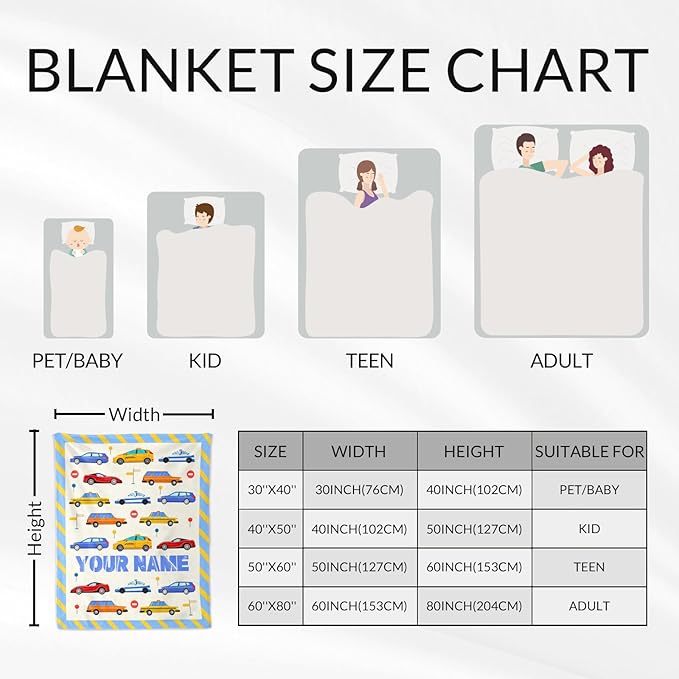 Personalized Throw Blanket Gift for Boys - 30" x 40" Inches Soft Cozy Car Blanket for Lap, Couch, Office - Blue Cartoon Throw for Girls Kids