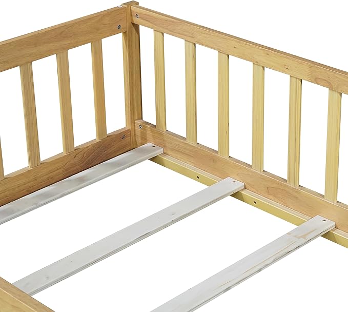 Bellemave Twin Size Floor Bed for Kids, Girls, Boys, Rubber Wood Floor Bed with slats and Door, Natural
