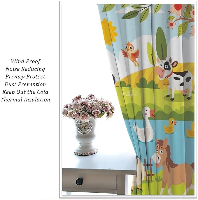 Farmhouse Curtains, Farm Scene Cartoon Animals Pattern Blackout Window Treatments, Rod Pocket Thermal Insulated Drapes 2 Panel Sets for Children Boys Bedroom Nursery Classroom, 42" W X 54" L