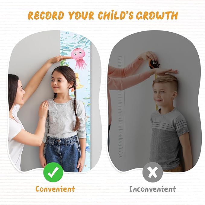 Personalized Name Growth Chart Wall Decor for Kids – Canvas Removable Height Chart Measuring Ruler 59" x 7.9" (Paint Marine Animals)