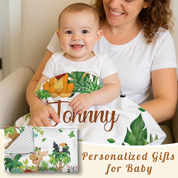 Personalized Baby Blanket with Name, Customized Blanket for Newborn Boys Girls, Woodland Animals Flannel Baby Name Blanket with Dotted Backing, Receiving Swaddle, Gifts for New Parents(30”x40)