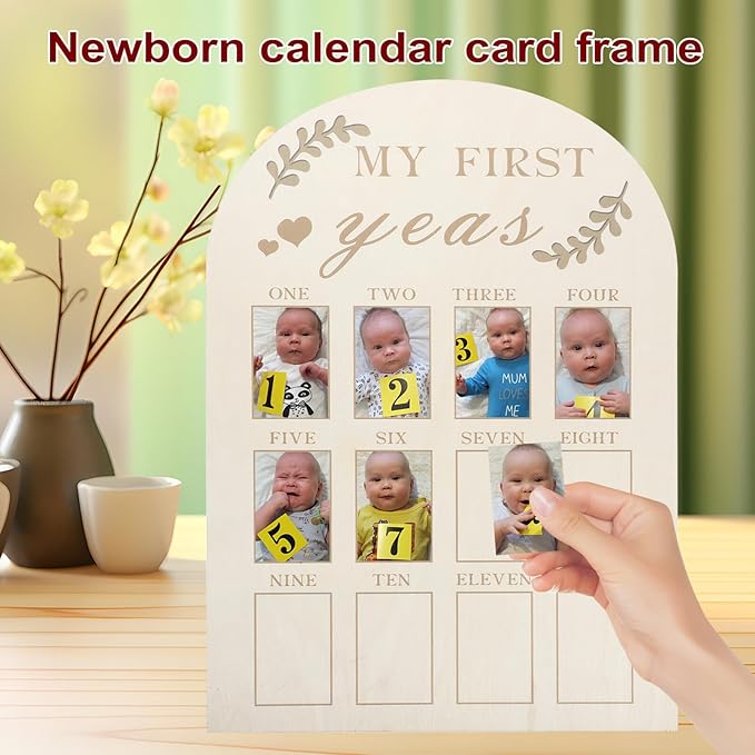 Wooden Milestone Photo Frame First Year Display Board for Newborns Months Keepsake with Sturdy Construction and Simple Design for Nursery Decoration