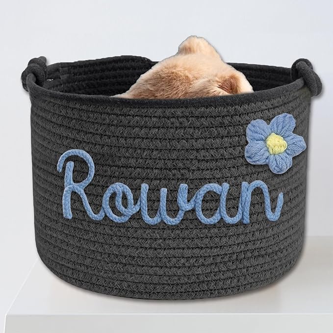 Personalized Dog Toy Basket - Custom Storage Box With Pet's Name, Rope Woven Organizer With Handles, Cute Bin for Cats and Dogs - Grey