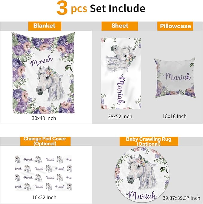 Custom Crib Bedding Set - Horse Design Personalized Name Baby Nursery Bedding 3 Pcs Set - Chic Soft Blanket, Sheet, Pillowcase for Newborns Boys Girls Gifts Color09