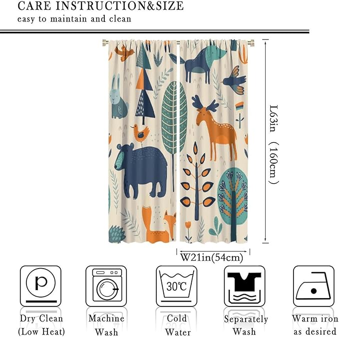 Kids Forest Animal Curtains, Rustic Cartoon Cute Wild Animal Window Treatments Woodland Safari Animal Fox Deer Bear Window Drapes for Girls Boys Nursery Toddler Bedroom 42x63in