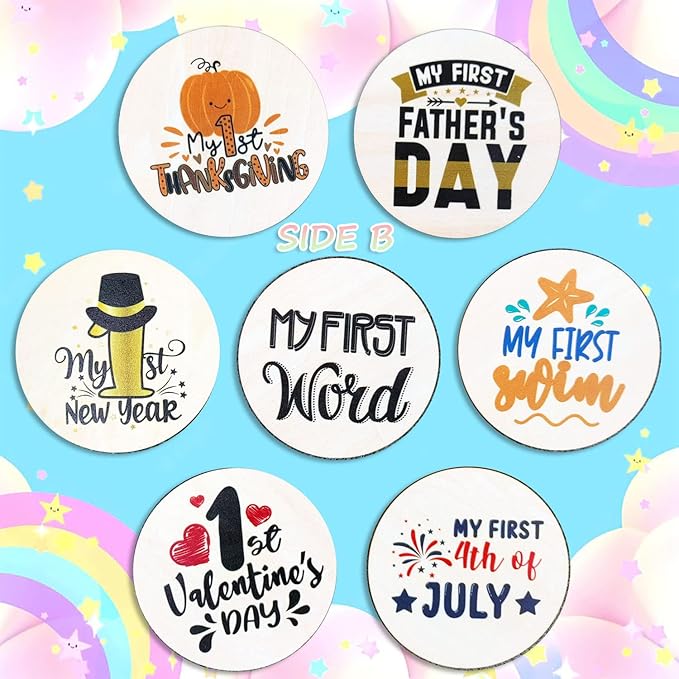 Baby First Holiday Milestone Cards, 7 Pack Double Sided Wooden Baby Milestone Signs for Newborn Girl or Boy, Baby Shower Cards Come with Organza Gift Bag (First Special Moments)