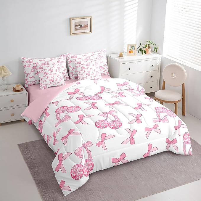 7 Pieces Cartoon Bowknot Kids Comforter Set Queen,Western Cowgirl Disco Ball Retro Bedding Set,Bow Tie Cute Princess Pink Romantic（Comforter+Fitted+Flat Sheet+2 Pillowcases+2 Throw Pillow Covers）