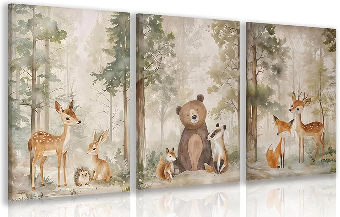 LLEEMPI Framed Woodland Nursery Wall Decor Set of 3, Cute Forest Animal Wall Art, Bear Fox Deer Watercolor Canvas Prints, Vintage Nature Poster Prints for Kids Bedroom Bathroom Playroom 16x24 Inch