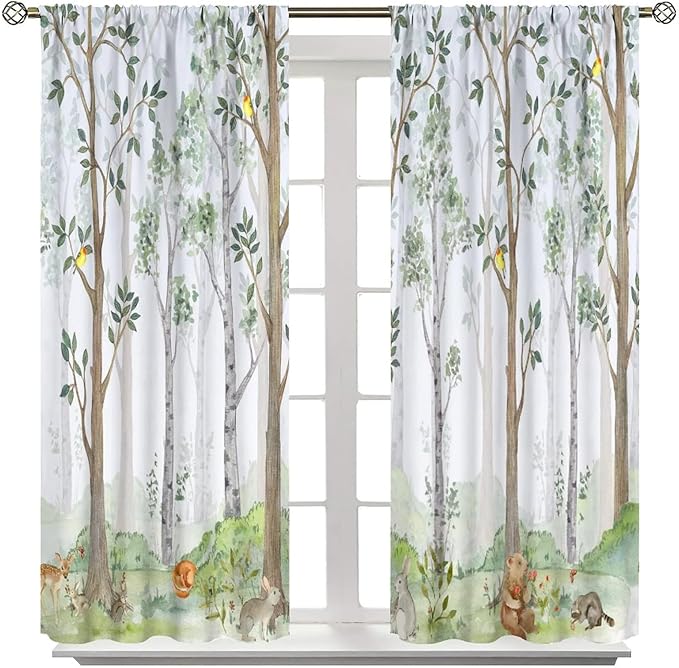 Kids Animal Curtains, Watercolor Natural Forest Animal Hedgehog Fox Butterfly Rabbits Forest Print Curtain Boys and Girl Bedrooms 52x84in