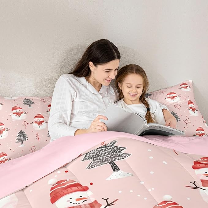 Feelyou Cute Snowman Bedding Set Soft for Boys Girls, Christmas Trees Comforter Set Queen Size Xmas Snowflake Duvet Quilt Microfiber Christmas Decor Bedroom Decor Holiday 3 Pcs with 2 Pillow Cases