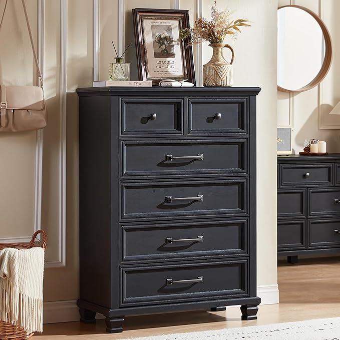 Farmhouse Bedroom Dresser and Nightstand Set of 4, 6 Drawer Tall & Low Dresser & 3 Drawer Nightstand Set with Wooden Legs, Rustic Wood Furniture Sets for Bedroom, Hallway, Black