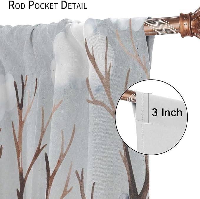 Forest Curtains, Cartoon Woodland Animals Tree Birds Moose Rabbit Mushroom Print Pattern Kids Bedroom Window Treatments Curtains 55x63in