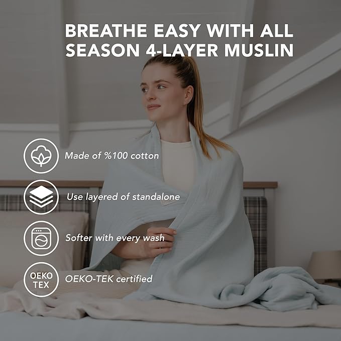 Goqan Muslin Blanket for Adults 79x90 Queen, 4 Layer Soft Lightweight%100 Cotton Muslin Blanket, Breathable for Bed, Couch - Sage Green