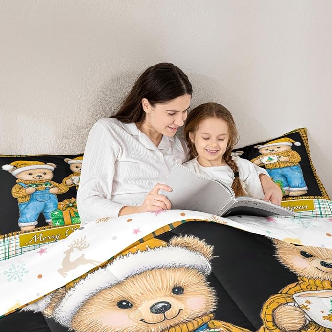 Feelyou Merry Christmas Comforter Set All Season Cute Bear Bedding Set with 1 Pillow Cases Microfiber Kids Toddler Bedclothes Winter Bedroom Decor Duvet Quilt Breathable Soft