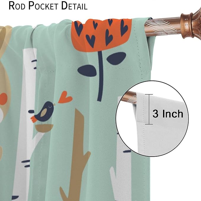 Cute Animals Curtains, Cartoon Fox Hedgehog Hare Forest Trees Blackout Window Treatments, Rod Pocket Thermal Insulated Drapes 2 Panel Sets for Kids Bedroom Nursery Classroom, 72" W X 63" L