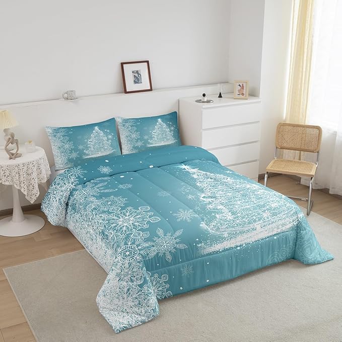 Castle Fairy Merry Christmas Full Size Comforter Set,Glitter Xmas Trees Shiny Light Decor Bedding Comforters Bedroom Collection,Blue Shiny Stars Snowflake Bedding Set for Girls Teens