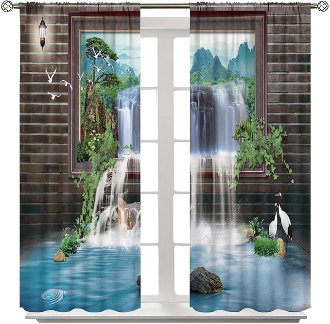 Waterfall Blackout Window Curtains, Tropical Rainforest Jungle Plants Forest Wild Nature Landscape Window Drapes, for Living Room Bedroom 42x54in 2 Panels