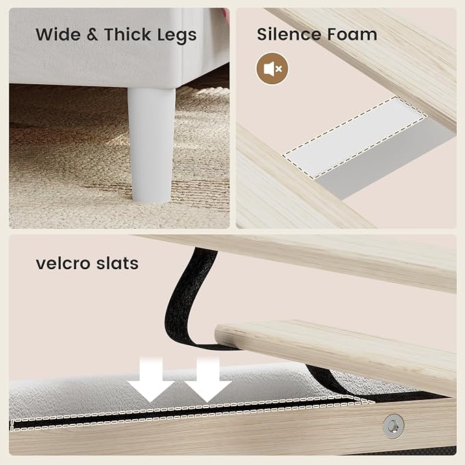 ADORNEVE Queen Bed Frame with LED Lights, Princess Velvet Upholstered Platform Bed for Girls, Headboard with Charging Station & Guardrail & Crystal Button, No Box Spring Needed, Beige