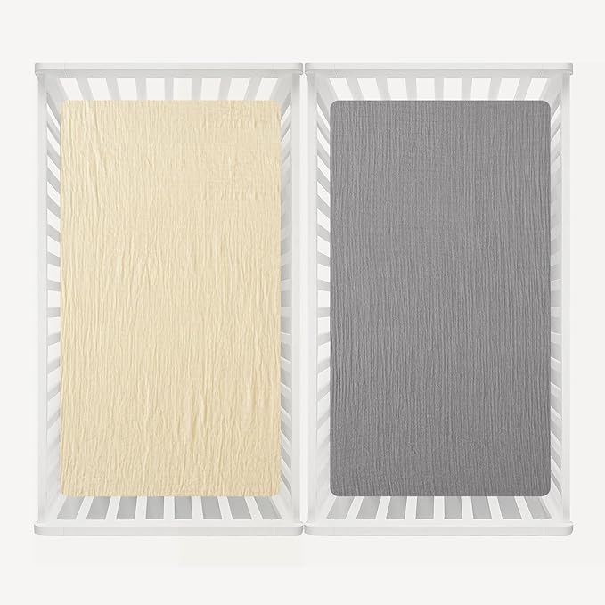david's kids Muslin Crib Sheets for Boys Girls, 2 Pack 100% Cotton Soft Breathable Fitted Baby Sheet Set, 28x52 Inch Fits Standard Crib and Toddler Mattresses, Beige & Grey