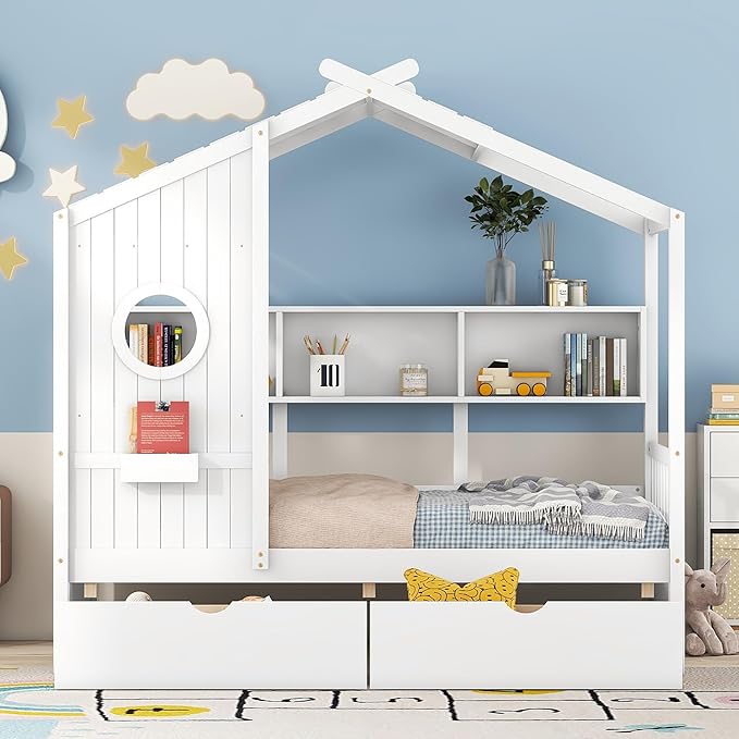 Harper & Bright Designs Twin Size Modern House Bed with Roof, Wooden Twin Size House Bed with 2 Drawers and Storage Shelf, White