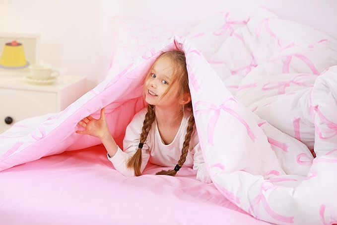 7 Pieces Cartoon Bowknot Kids Comforter Queen,Pink Bow Tie Butterfly Knot Princess Bedding Set,Watercolor Bow Patchwork Pink White（Comforter+Fitted+Flat Sheet+2 Pillowcases+2 Throw Pillow Covers）