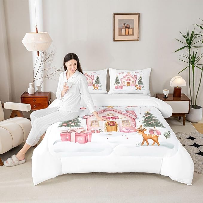Feelyou Gingerbread House Bedding Set Soft for Boys Girls, Christmas Tree Comforter Set Toddler Size Reindeer Duvet Quilt Microfiber Snowflake Bedroom Decor Holiday Scene 2 Pcs with 1 Pillow Cases