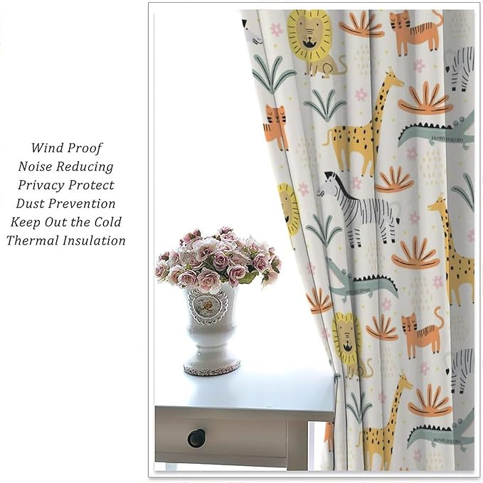 Wild Animals Curtains, Cute Cartoon Animals Zoo with Lion Zebra Crocodile Cat and Giraffe Tropical Jungle Plant Print Window Treatments for Kids Boys Girls Bedroom Living Room 42x45 Inch