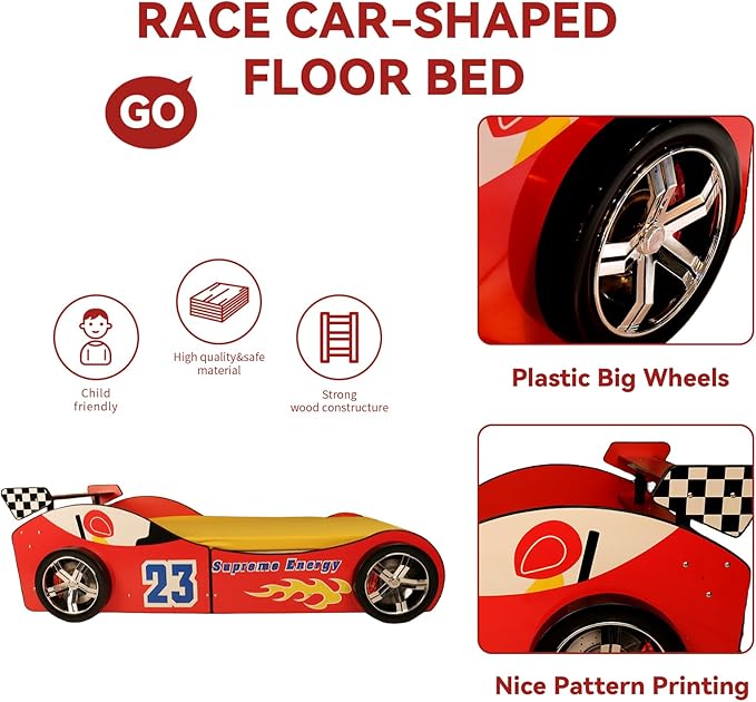 LKTART Twin Size Car Bed for Kids, Race Car-Shaped Wooden Platform Bed Frame with Headboard Wheels and Support Slats for Boys Toddlers Child's Bedroom (Red)