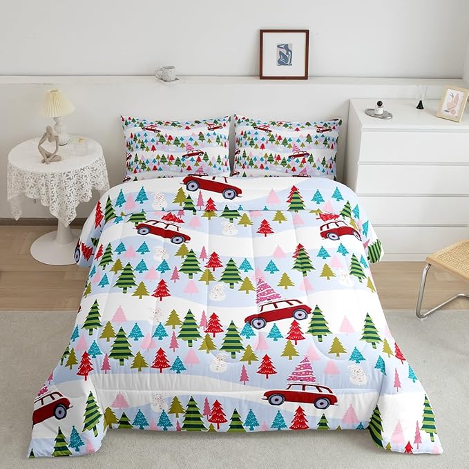 Feelyou Christmas Trees Bedding Set for Kids Boys Girls Queen Size Christmas Truck Comforter Set Ultra Soft Winter Snowman Comforter Xmas Duvet Quilt Bedroom Decor Christmas Ornaments Quilt