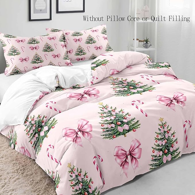 LUVIVIHOME 3PCS Pink Bow Christmas Tree Duvet Cover King Bedding Set, Teen Girls Bedding, Xmas Tree Candy Cane Winter Holiday Christmas Comforter Cover, Coquette Room Decor Aesthetic, 2 Pillow Shams